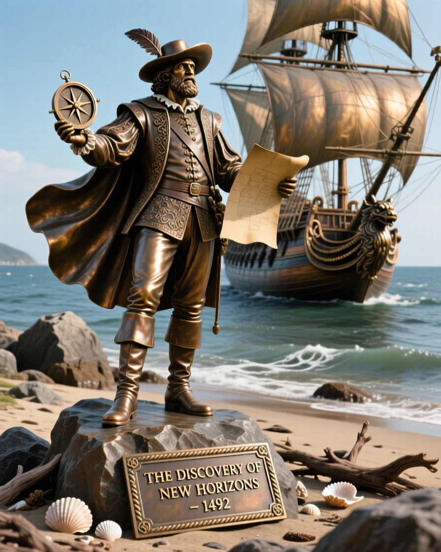 A legendary explorer discovering a new shore, with rich period detail and grandeur, evoking legend and timeless drama