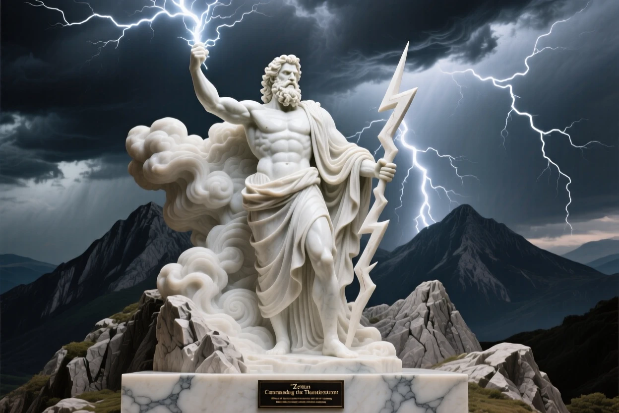 An epic scene of Zeus commanding a thunderstorm from a mountaintop, bathed in an otherworldly glow, evoking myth and grandeur