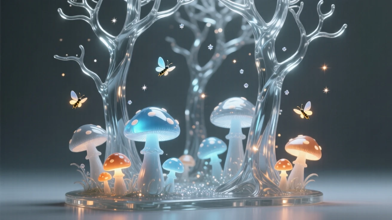 A magical forest with glowing mushrooms and fireflies, bathed in soft magical light with drifting sparkles in the air, epic and awe-inspiring composition, evoking wonder and adventure.