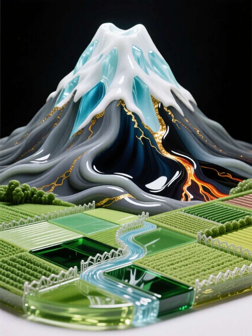 A snow-capped volcano rising above a patchwork of green farmland, dramatic and iconic.