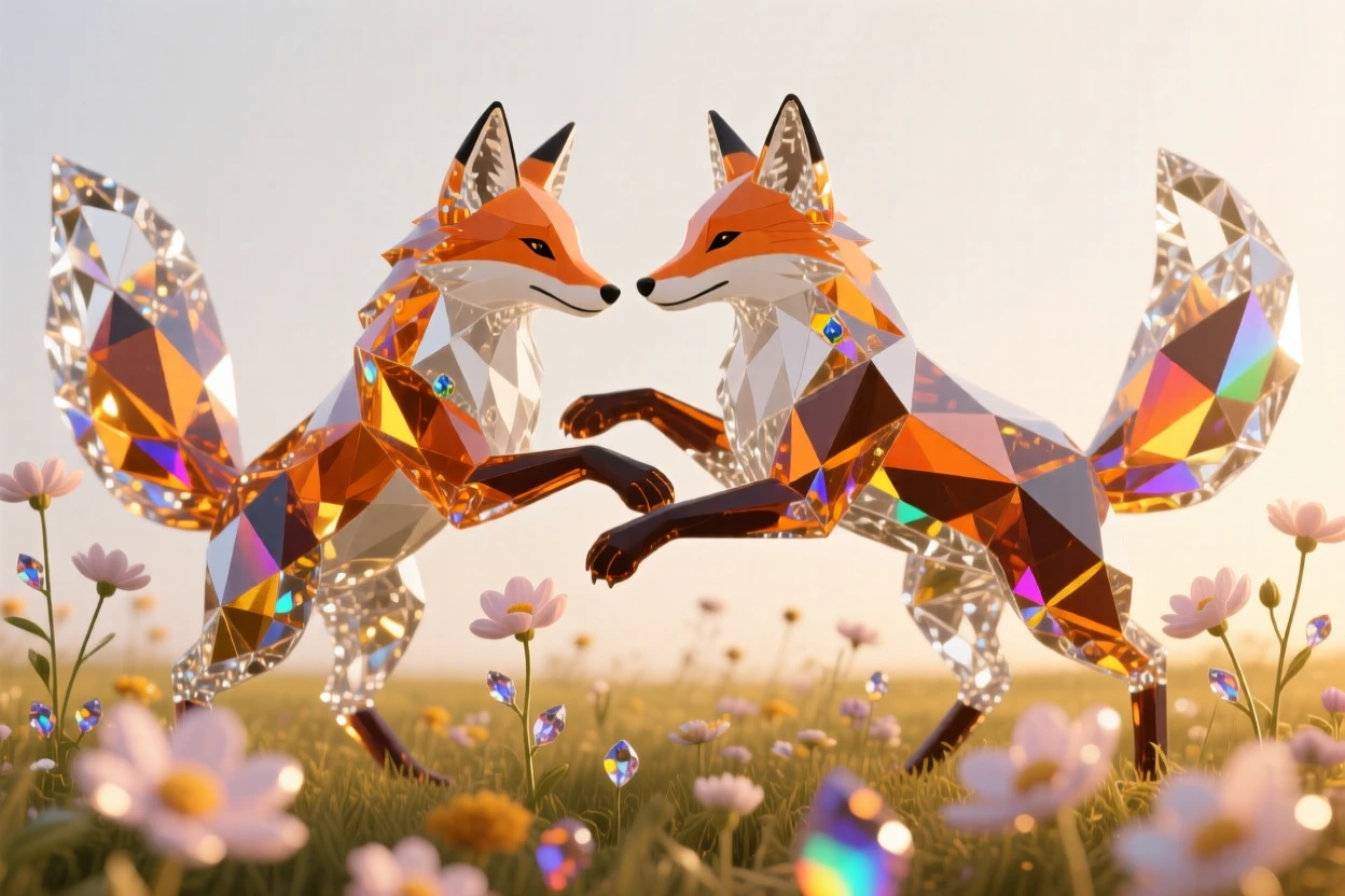 A pair of foxes play-fighting in a field of wildflowers at golden hour.