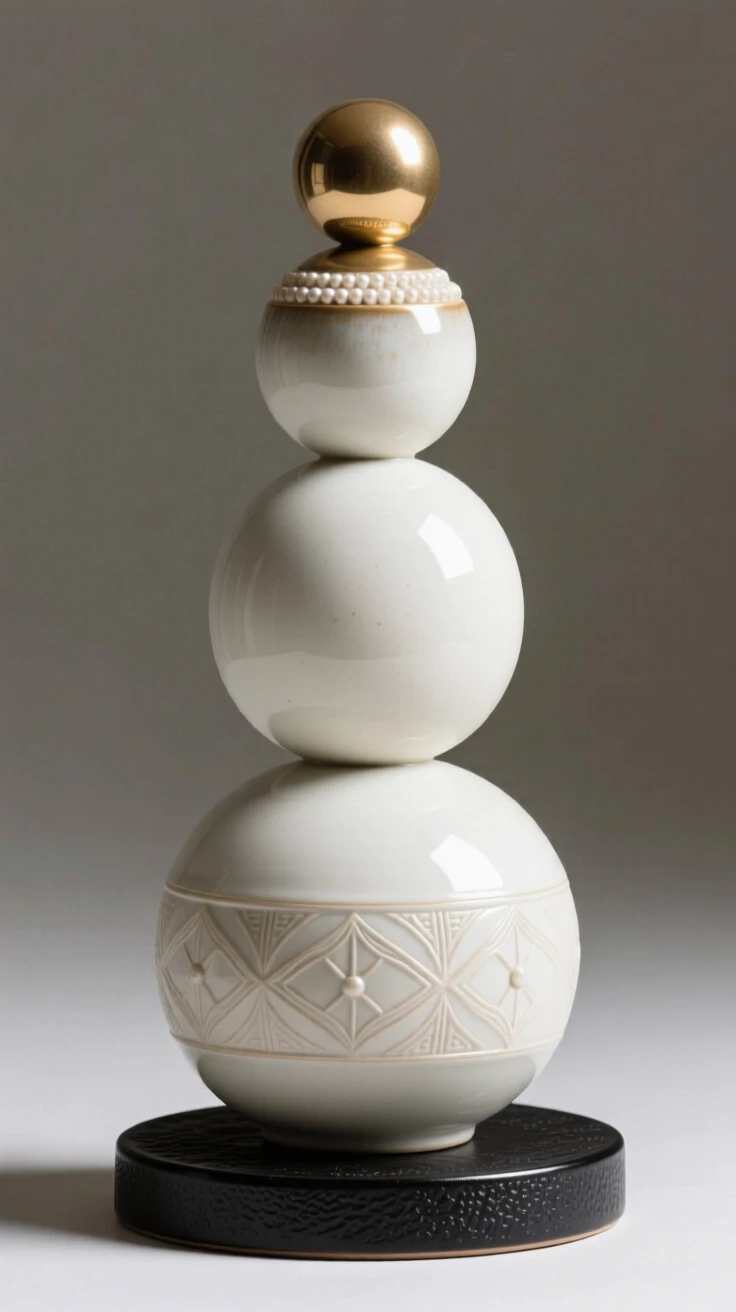 A stack of decorative spheres in graduated sizes arranged as an accent piece with quiet sophistication, accented with subtle, tasteful ornamentation, radiating sophistication and timeless taste.