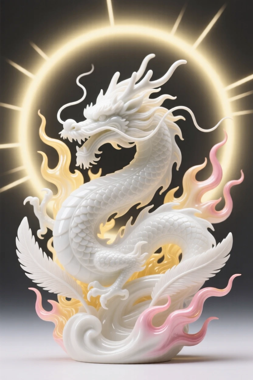 A majestic dragon rising from a burst of flame and feathers, radiant light haloing its form.