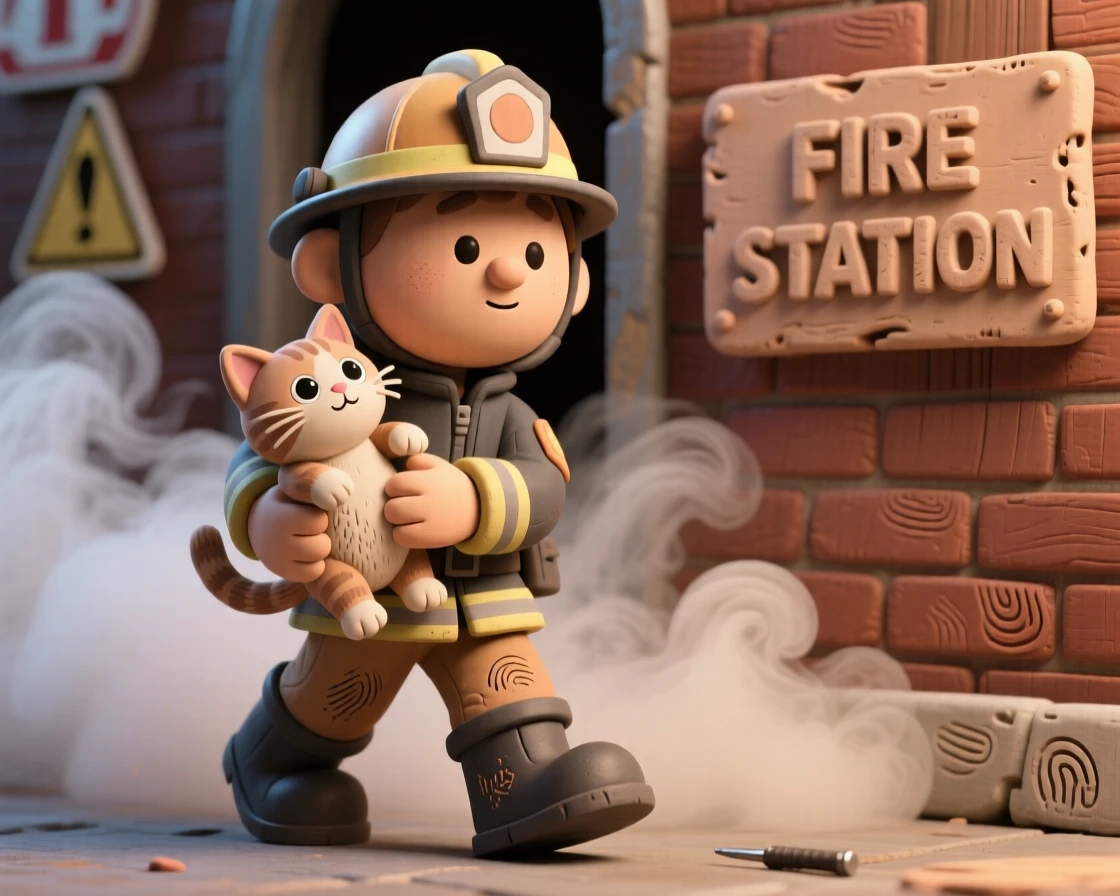 A firefighter carrying a rescued kitten out of gentle smoke