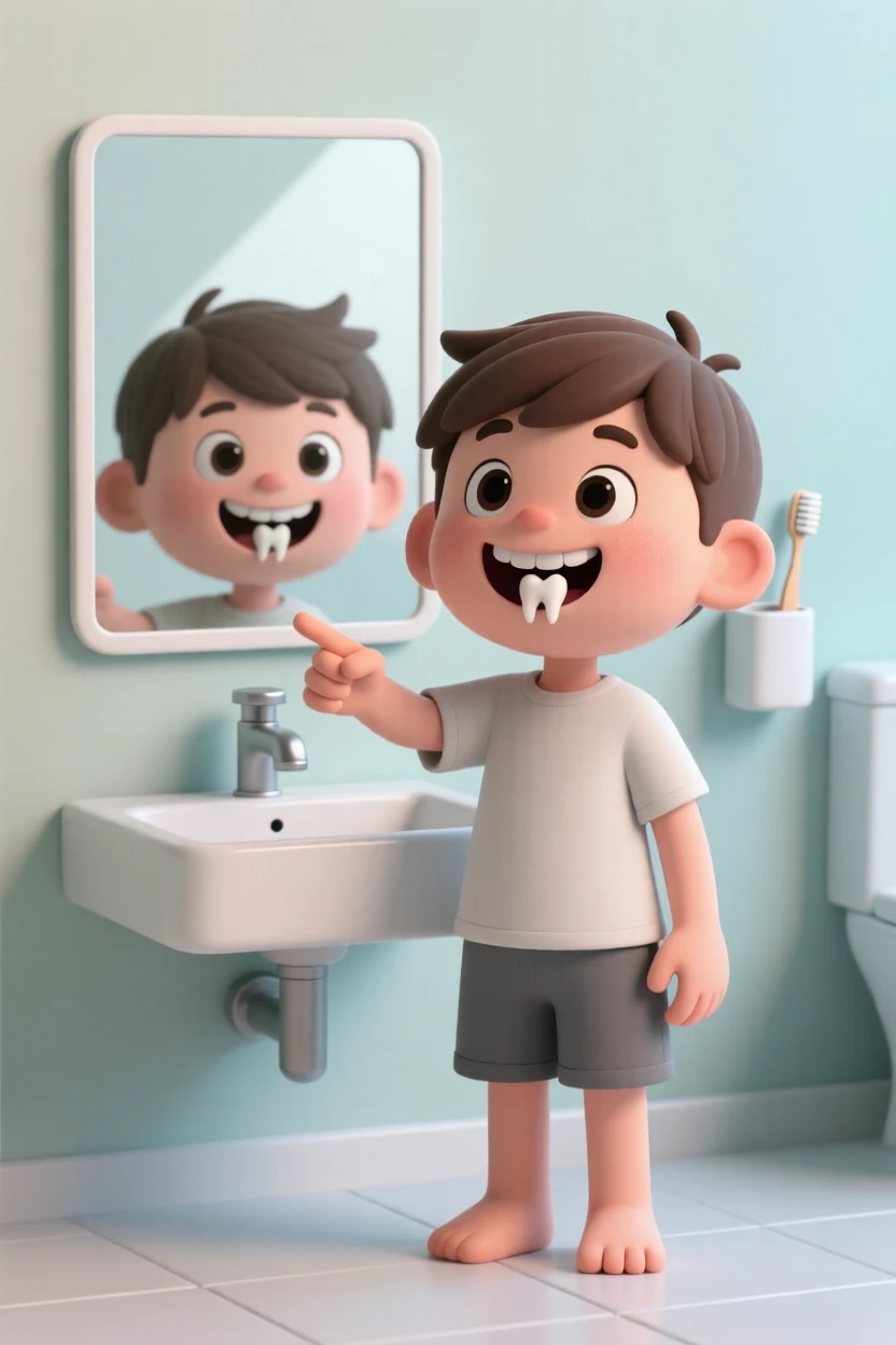A young boy proudly displays a wiggly loose tooth, grinning ear to ear in front of a bathroom mirror.
