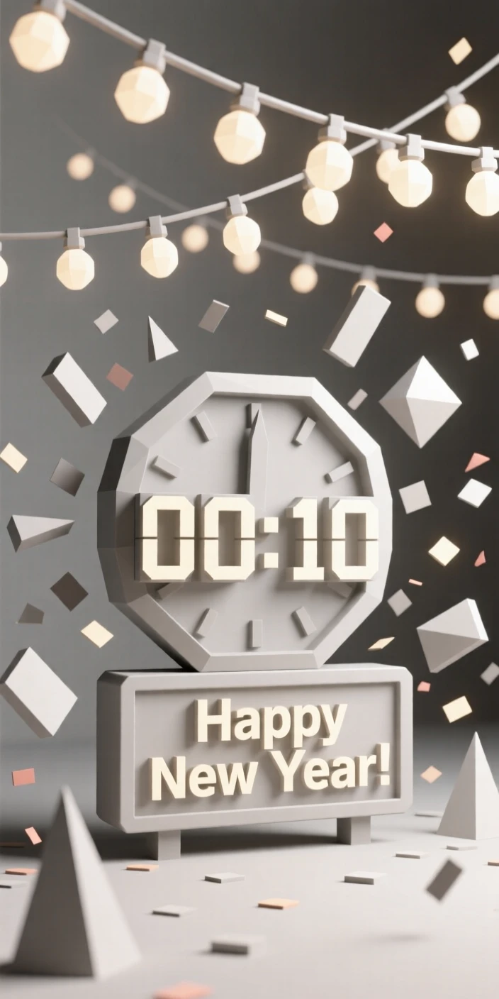 A New Year's Eve countdown under a shower of confetti, under strings of warm twinkling lights. warm glowing lights create a festive ambiance. There is a joyful, festive energy in the air.
