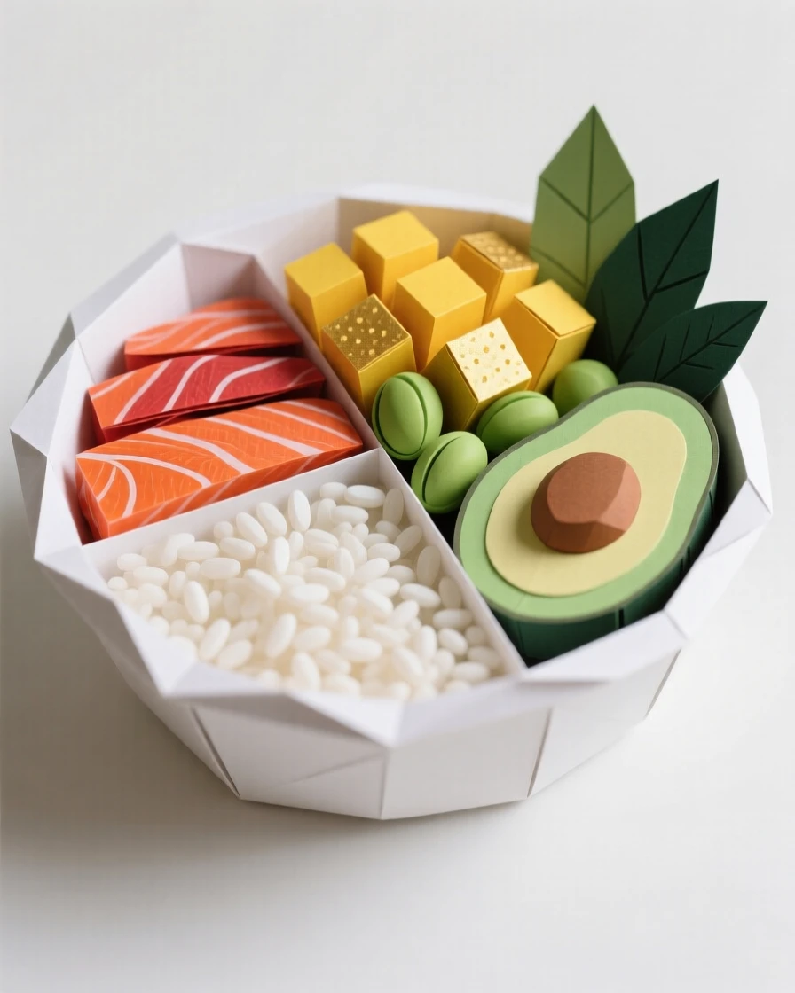 A colorful poke bowl filled with fresh salmon, mango, edamame, and avocado arranged in vibrant sections over rice, evoking fresh, healthy indulgence.