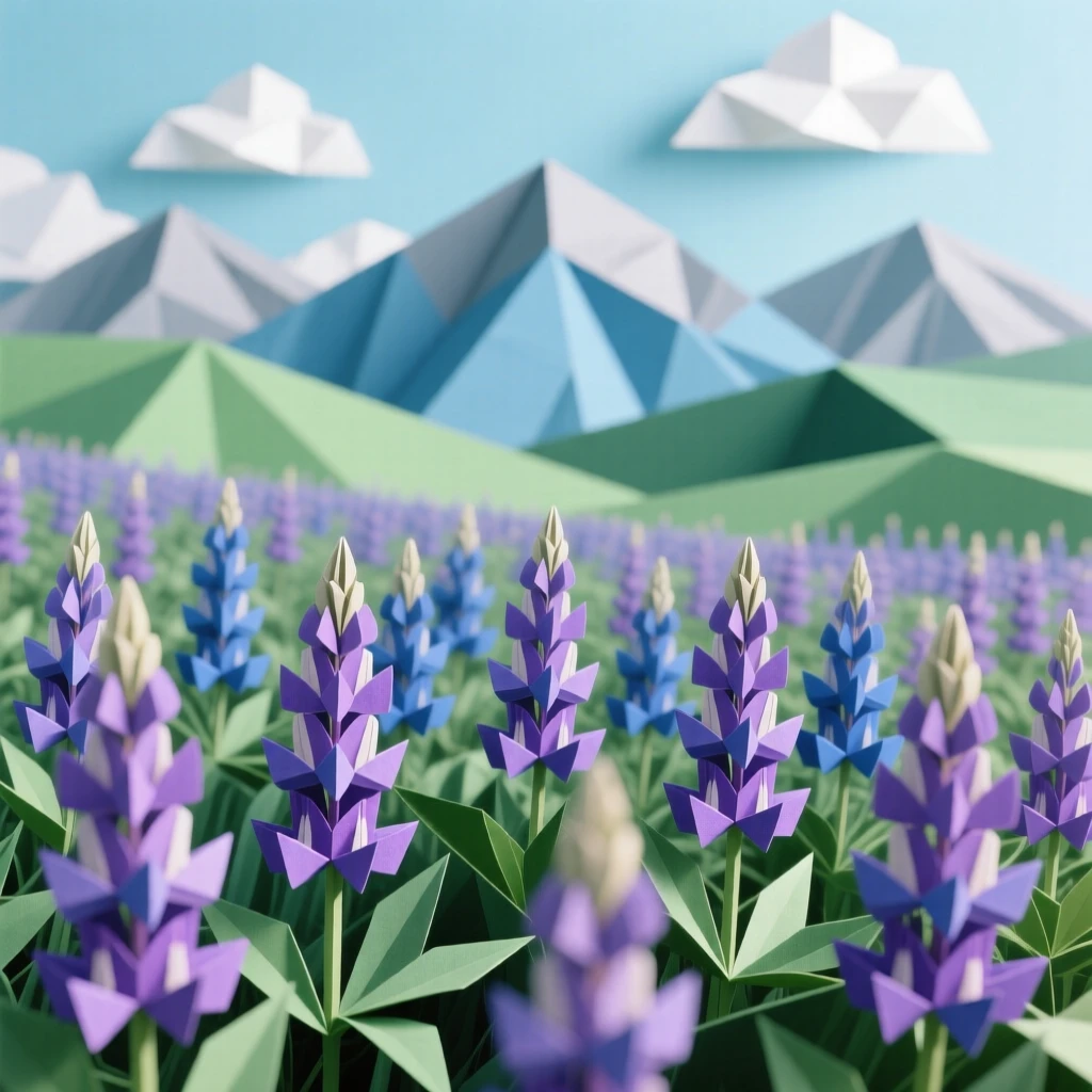 A field of wild lupines in shades of purple and blue stretching toward distant mountains.