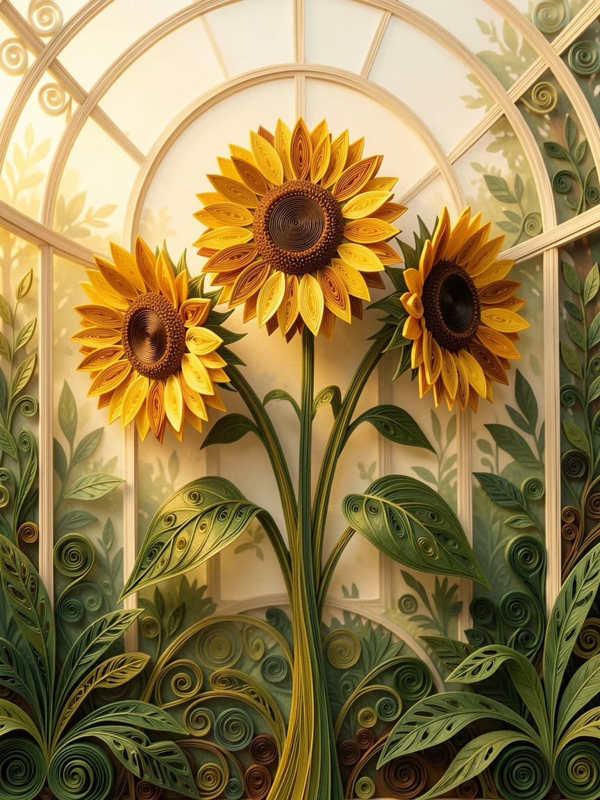 A serene botanical study of a cluster of sunflowers turning toward the light in a botanical garden conservatory, with soft golden hour light washing over the scene, arranged with a single stem as the clear focal point.