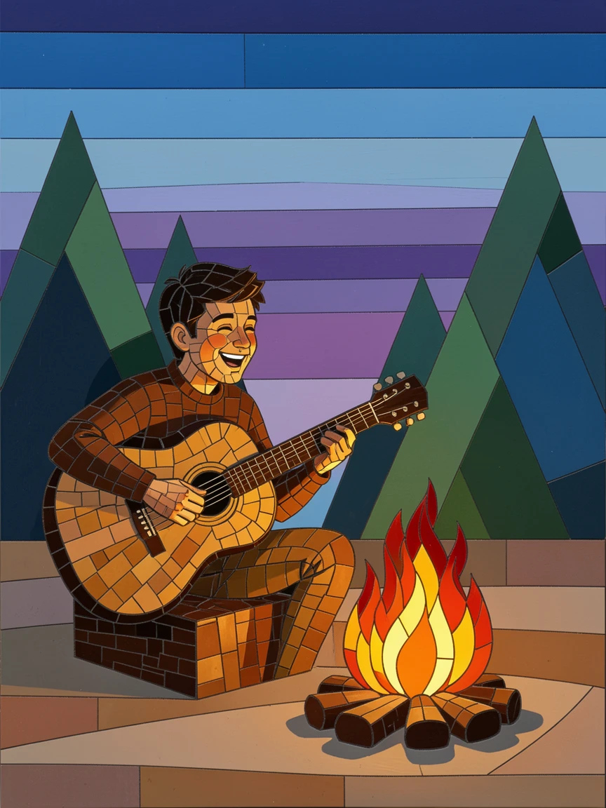 A candid, joyful moment of a young musician playing guitar around a glowing campfire, captured with warm golden light.