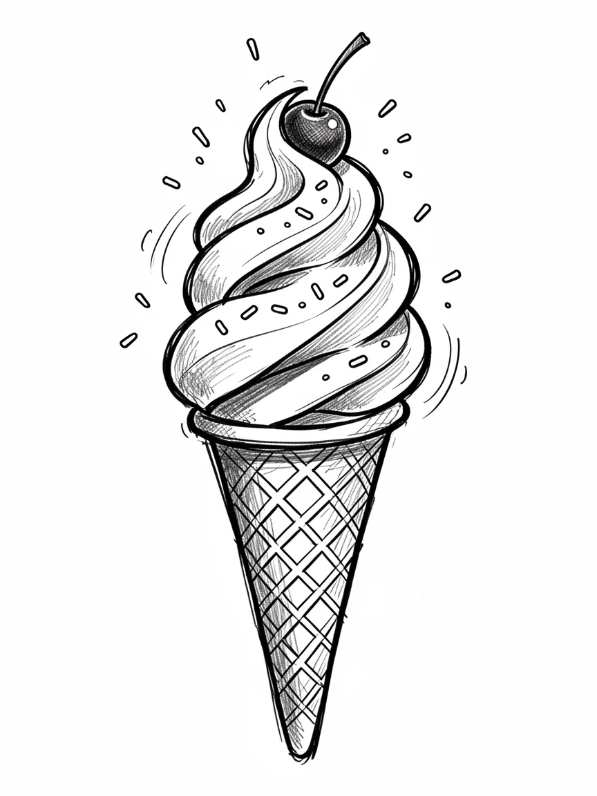 A cone of swirled soft-serve ice cream topped with a cherry and sprinkles.