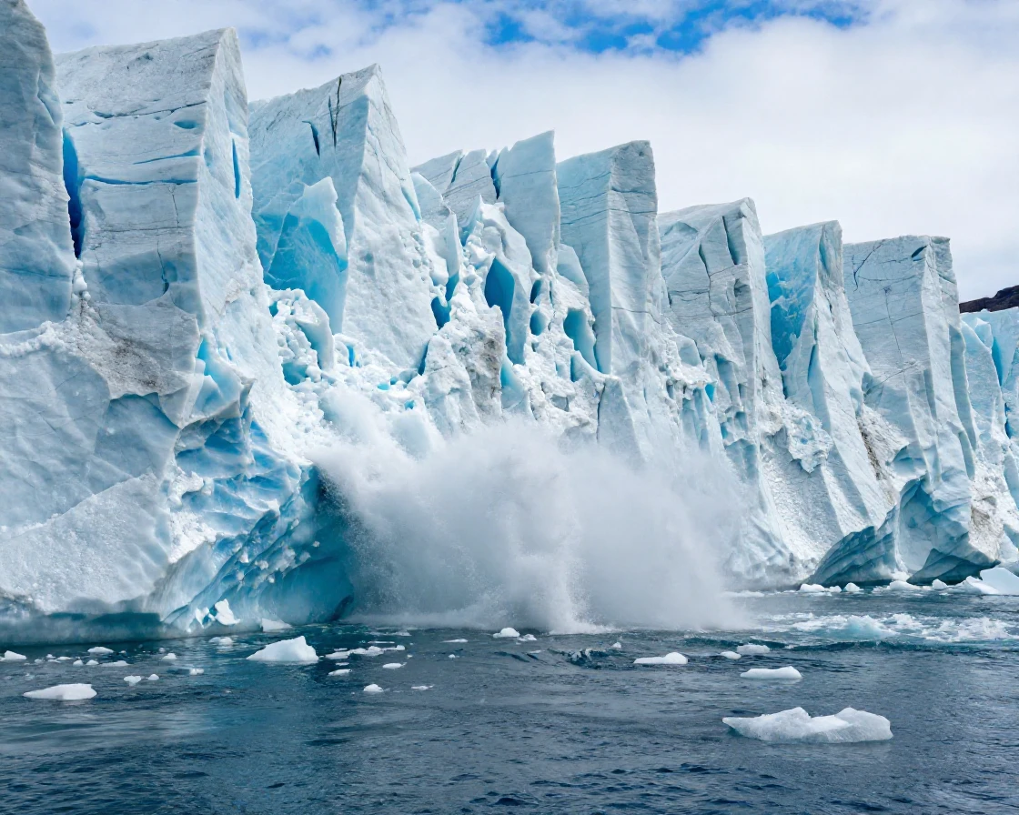 A glacier calving into icy blue ocean waters