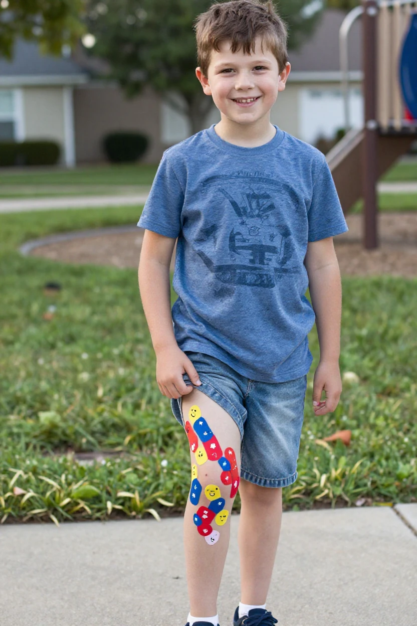 A boy proudly shows off a scraped knee bandaged with cartoon-print adhesive strips.