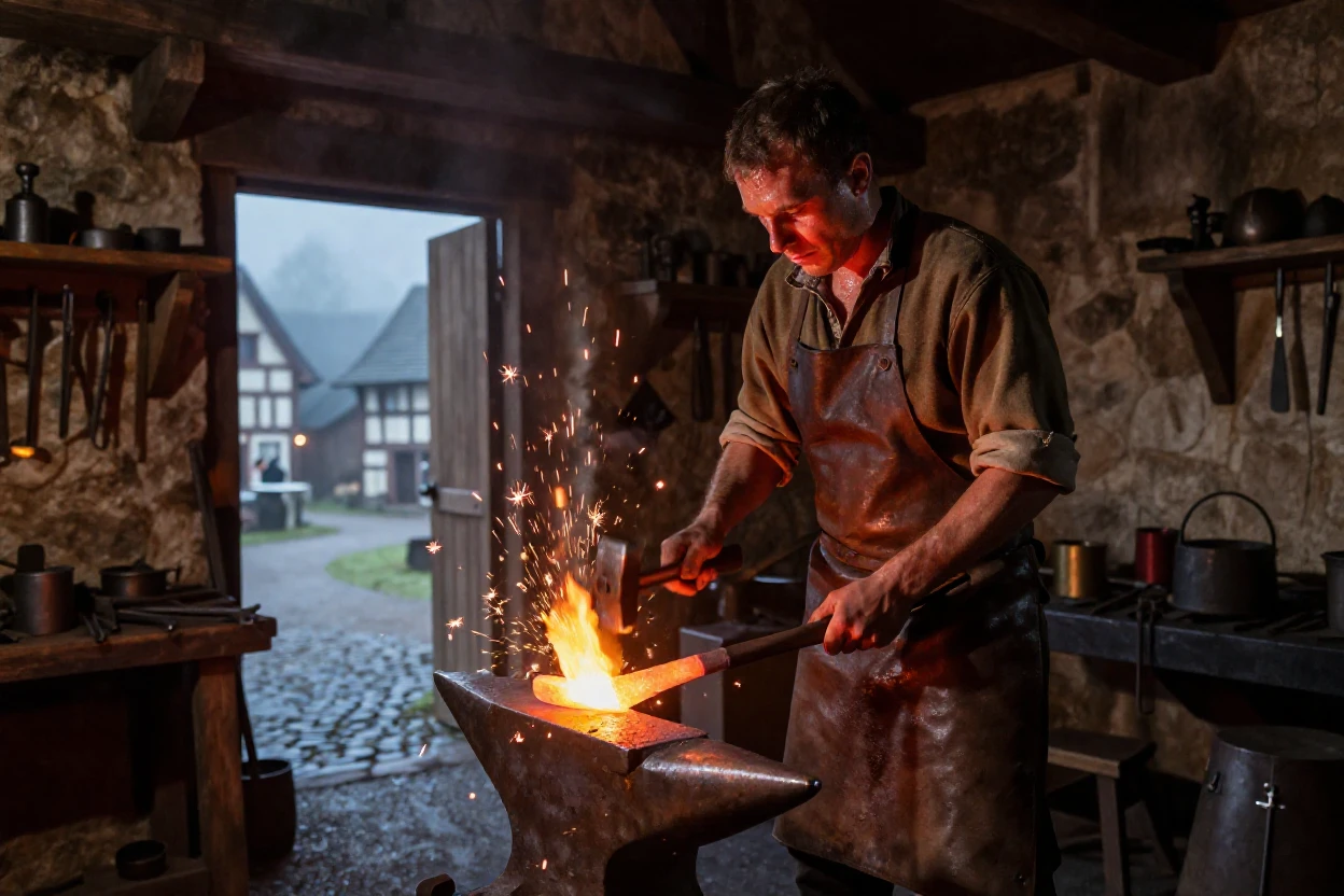 A blacksmith hammering glowing metal in a medieval village forge