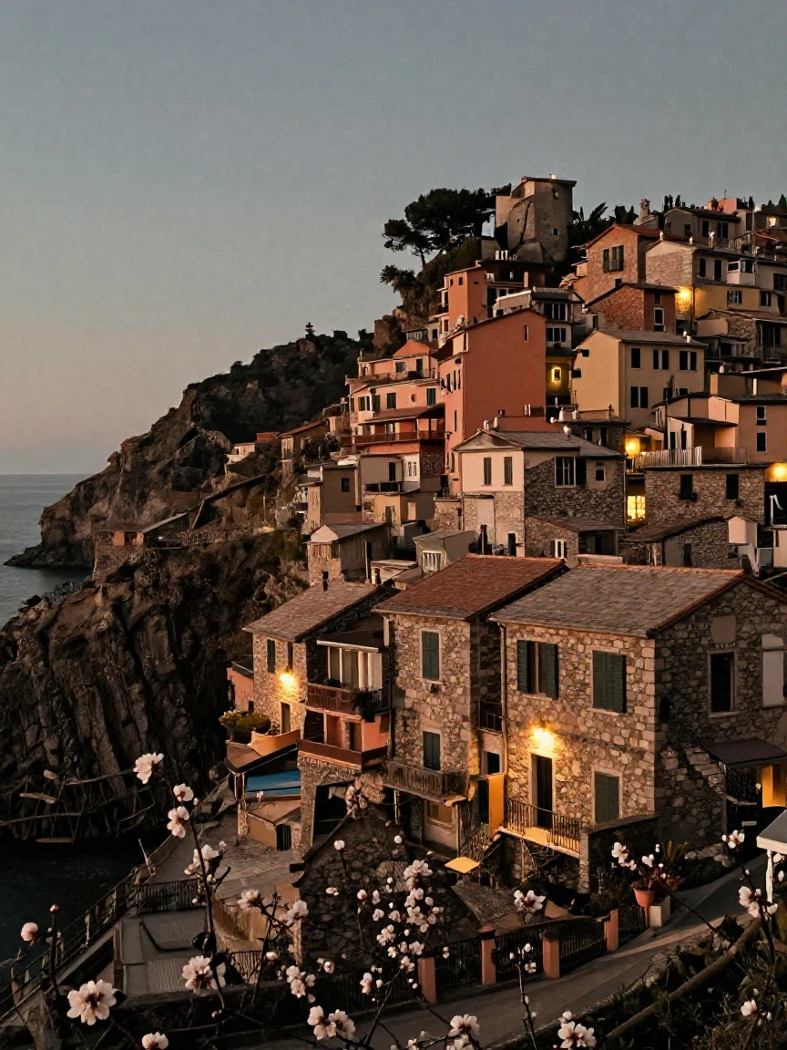 A charming stone village clinging to a hillside above the sea, in low lamplight, in still, windless air, as spring blossoms unfurl, in earthy terracotta and ochre shades, captured from a low angle looking up.
