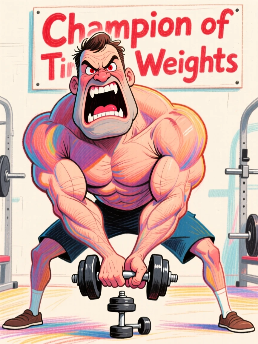 A man dramatically pretending to be strong while struggling to lift a small dumbbell.