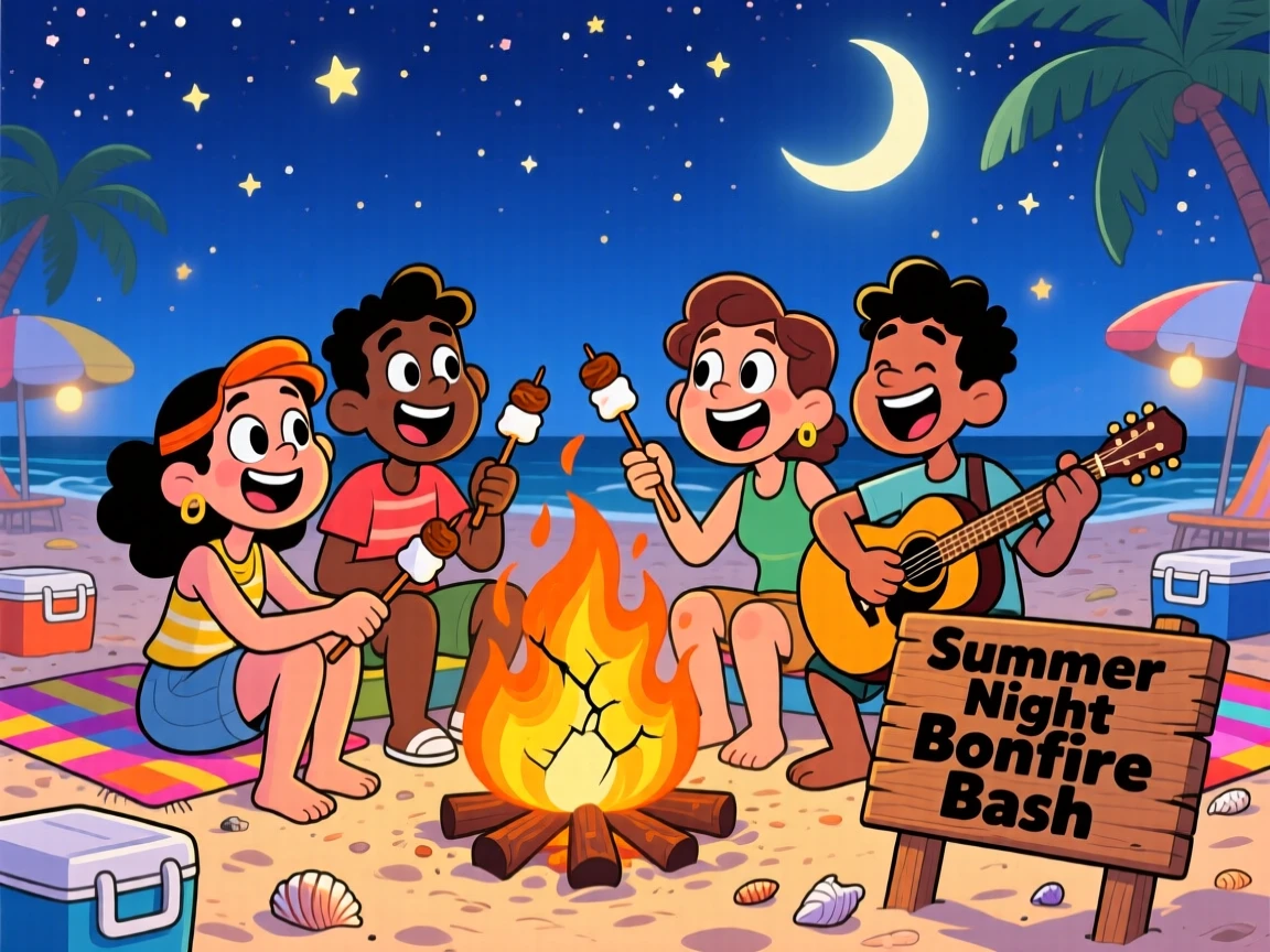 A festive celebration scene of a summer beach bonfire with friends roasting marshmallows and playing guitar under the stars.
