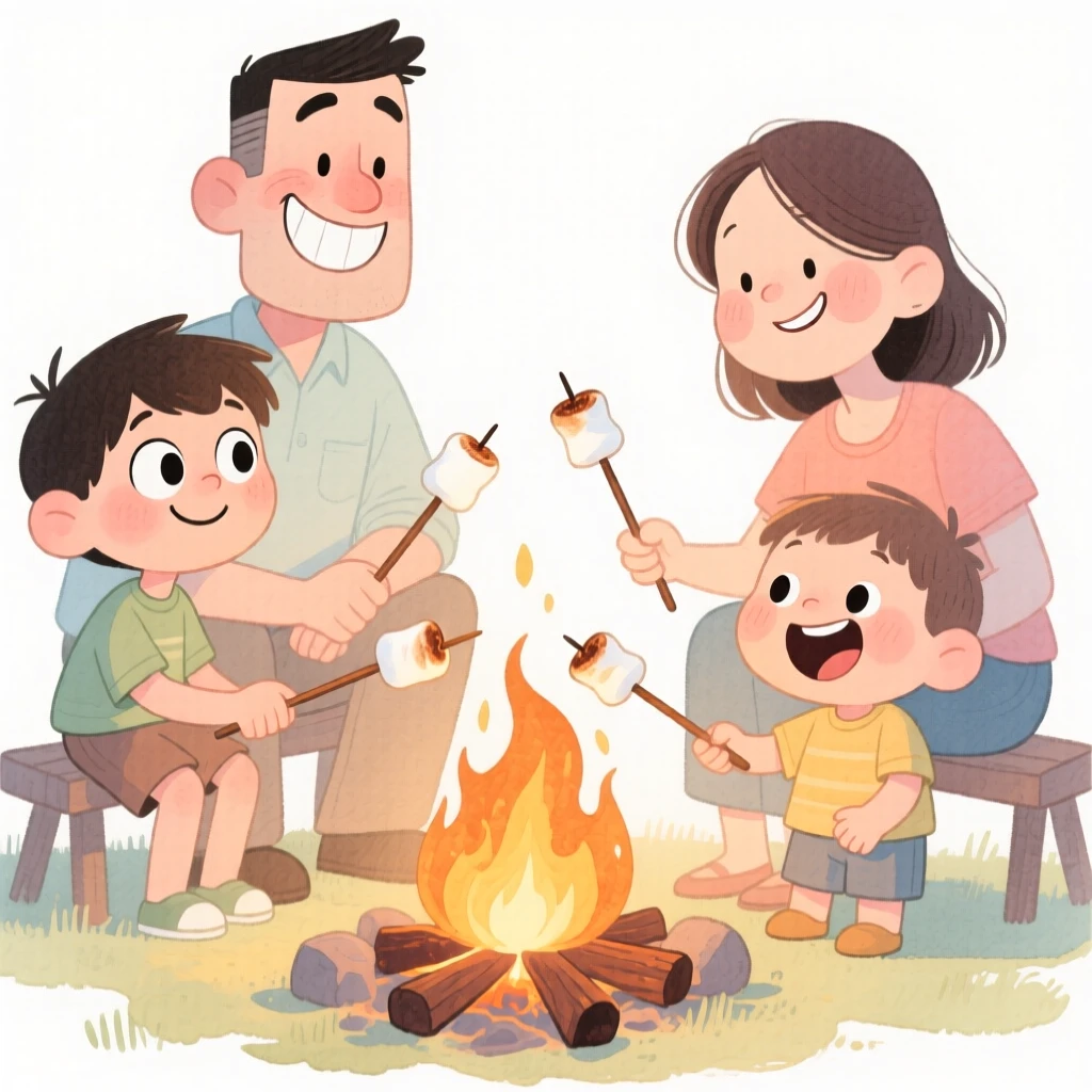 A family of four roasting marshmallows around a backyard fire pit