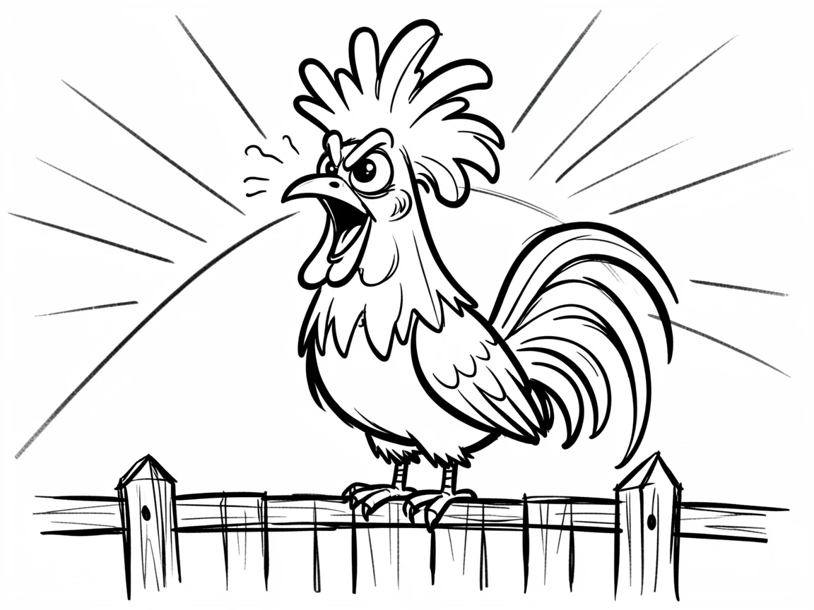 [Cute Animals & Pets] Adorable scene of a proud rooster crowing loudly atop a fence at sunrise, bursting with charm and playful energy