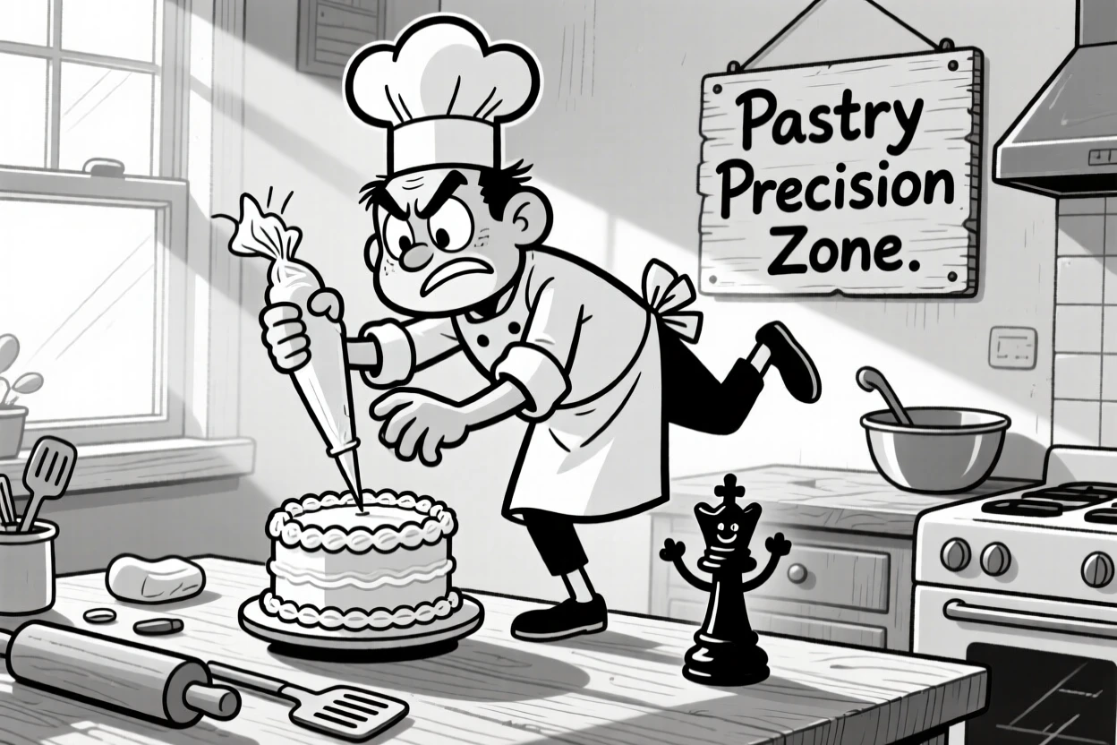 A baker piping frosting with surgeon-like precision, trembling while holding a one-legged balance, set in a sunny kitchen bakery corner. A captured chess piece sits triumphantly to the side. It feels like the kind of memory friends laugh about for years.