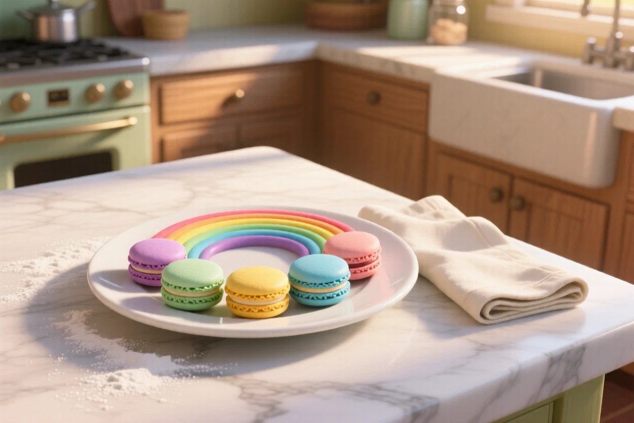 A rainbow of macarons arranged on a plate sits on a marble kitchen counter dusted with flour, next to a folded linen napkin. A comforting, homey feeling fills the moment.