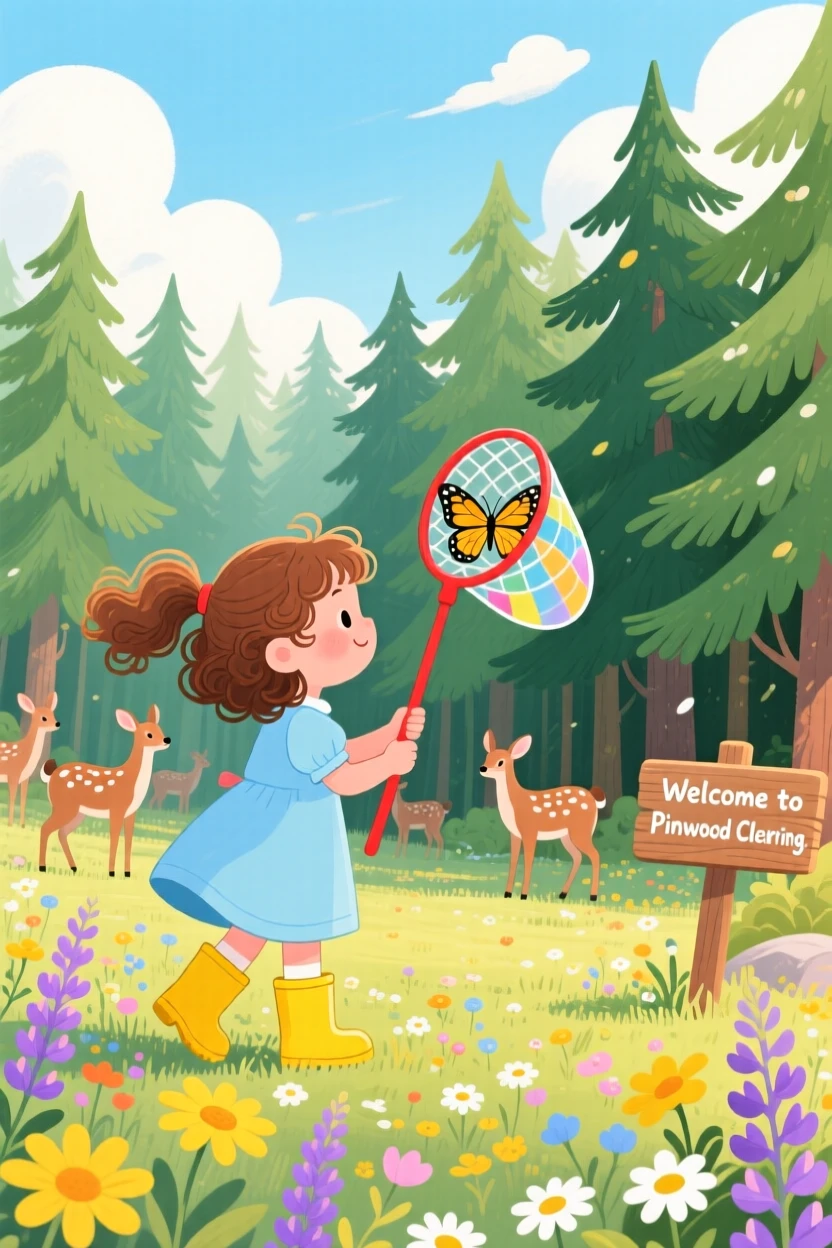 A girl with a butterfly net spends the day spotting deer at the edge of a clearing through a dense pine forest, as wildflowers sway in the breeze.