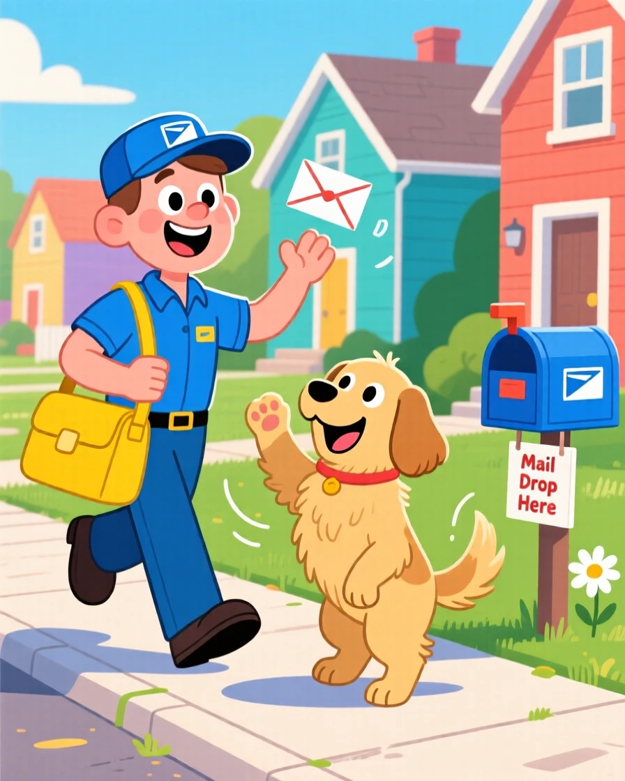 A mail carrier greeting a friendly dog on their route.
