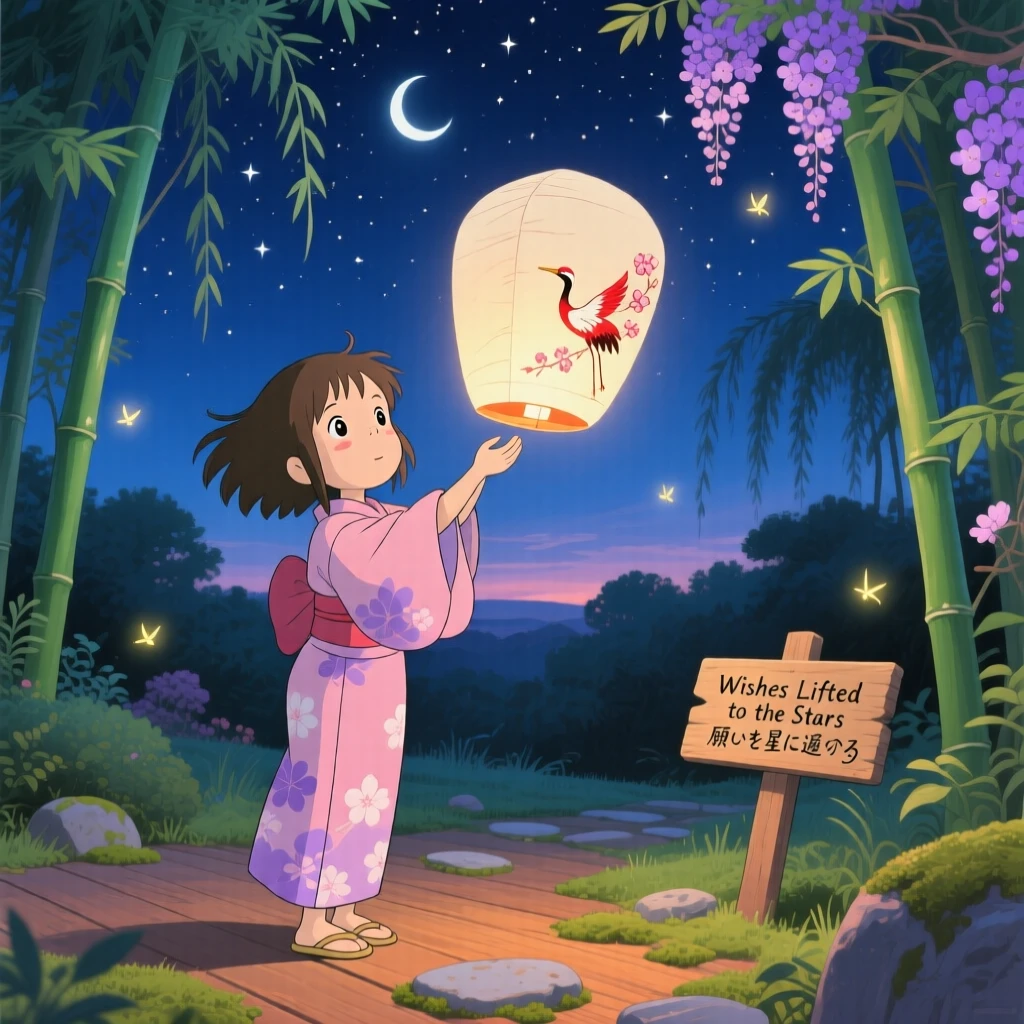 A tender moment of a girl releasing a paper lantern into the night sky, eyes full of hope, the scene quietly moving.