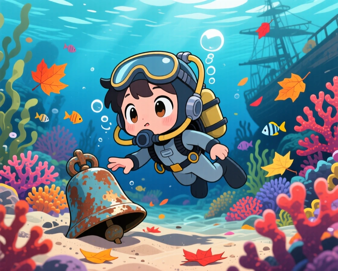 A young diver discovering a sunken ship's bell underwater, framed as a three-quarter view within a coral reef seabed, with autumn leaves swirling around, glowing under soft moonlight, evoking wide-eyed wonder.