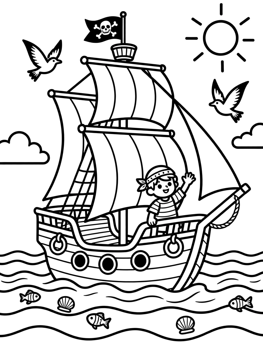 A pirate ship sailing across the high seas with flags waving