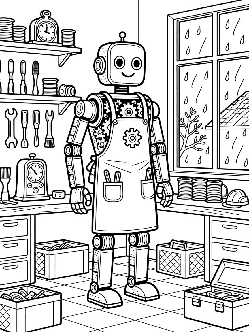 A clockwork robot with visible gears standing in a workshop, with rain streaking down a nearby window.