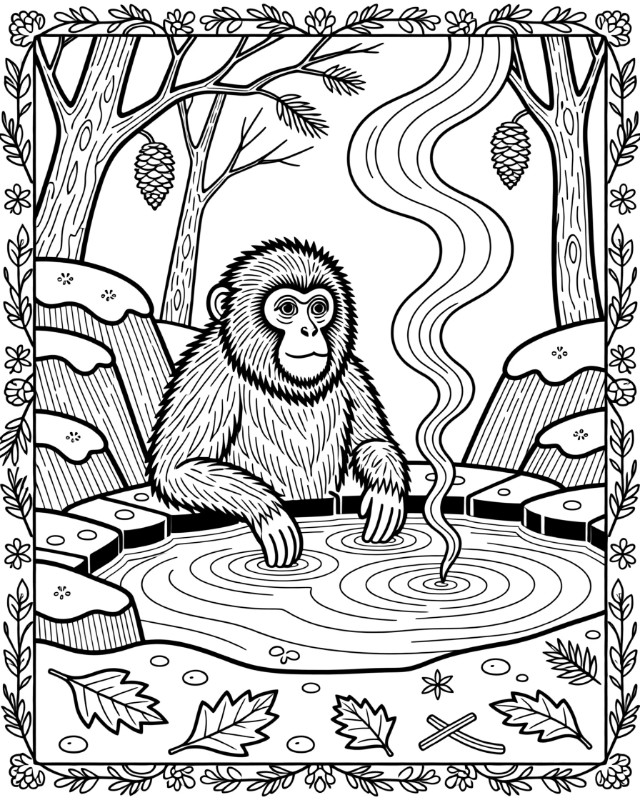 A snow monkey soaking in a steaming hot spring.