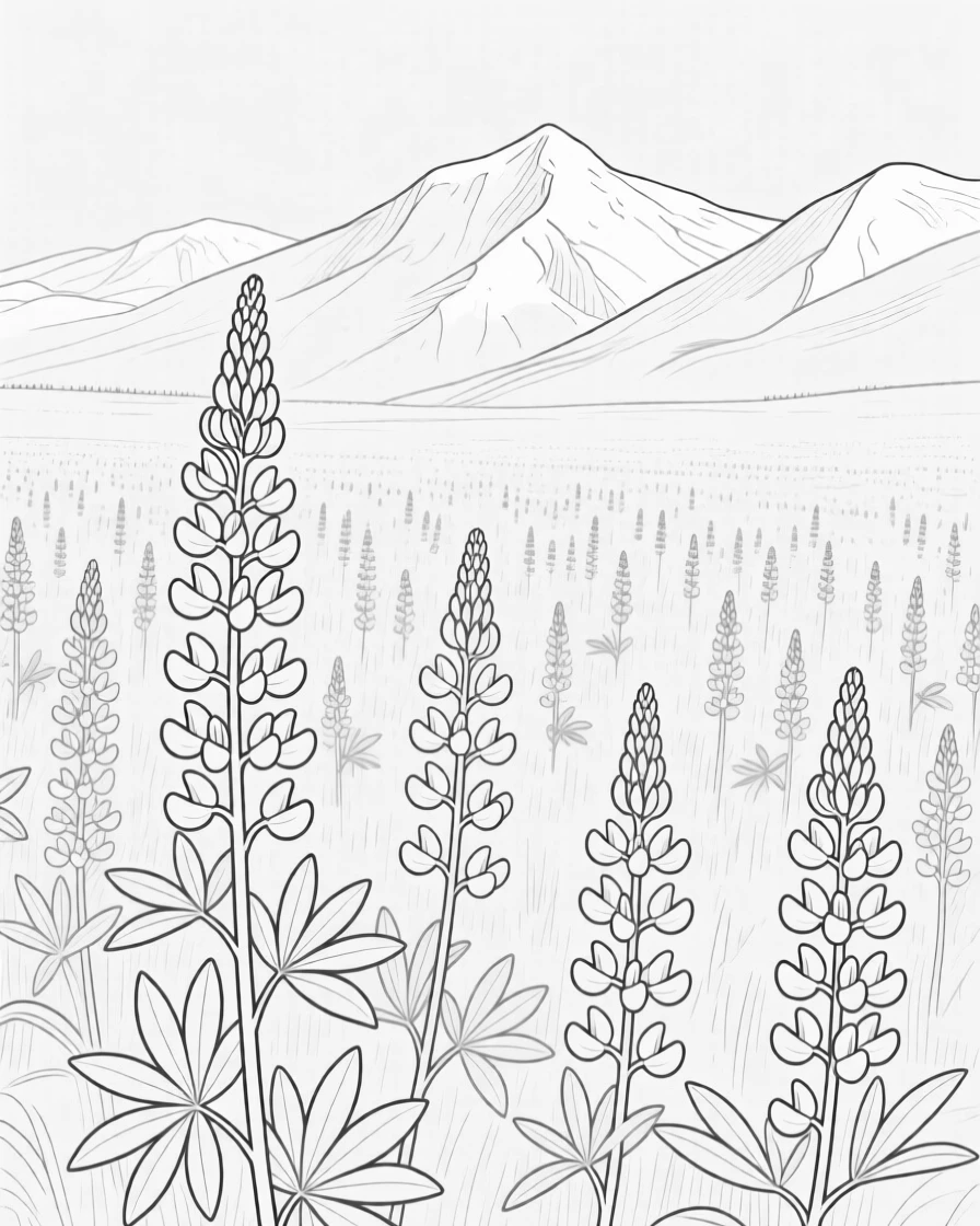 A field of wild lupines beneath distant snowy peaks