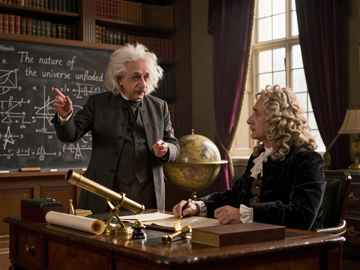 Einstein and Newton having a debate.