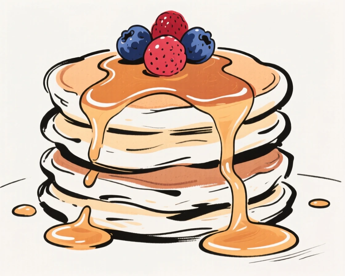 A stack of fluffy pancakes drizzled with syrup and topped with fresh berries.
