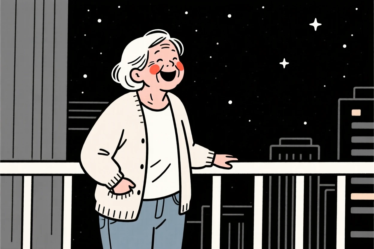 An elderly woman of Hawaiian heritage in a soft cardigan and jeans, laughing joyfully, on a city balcony at night.