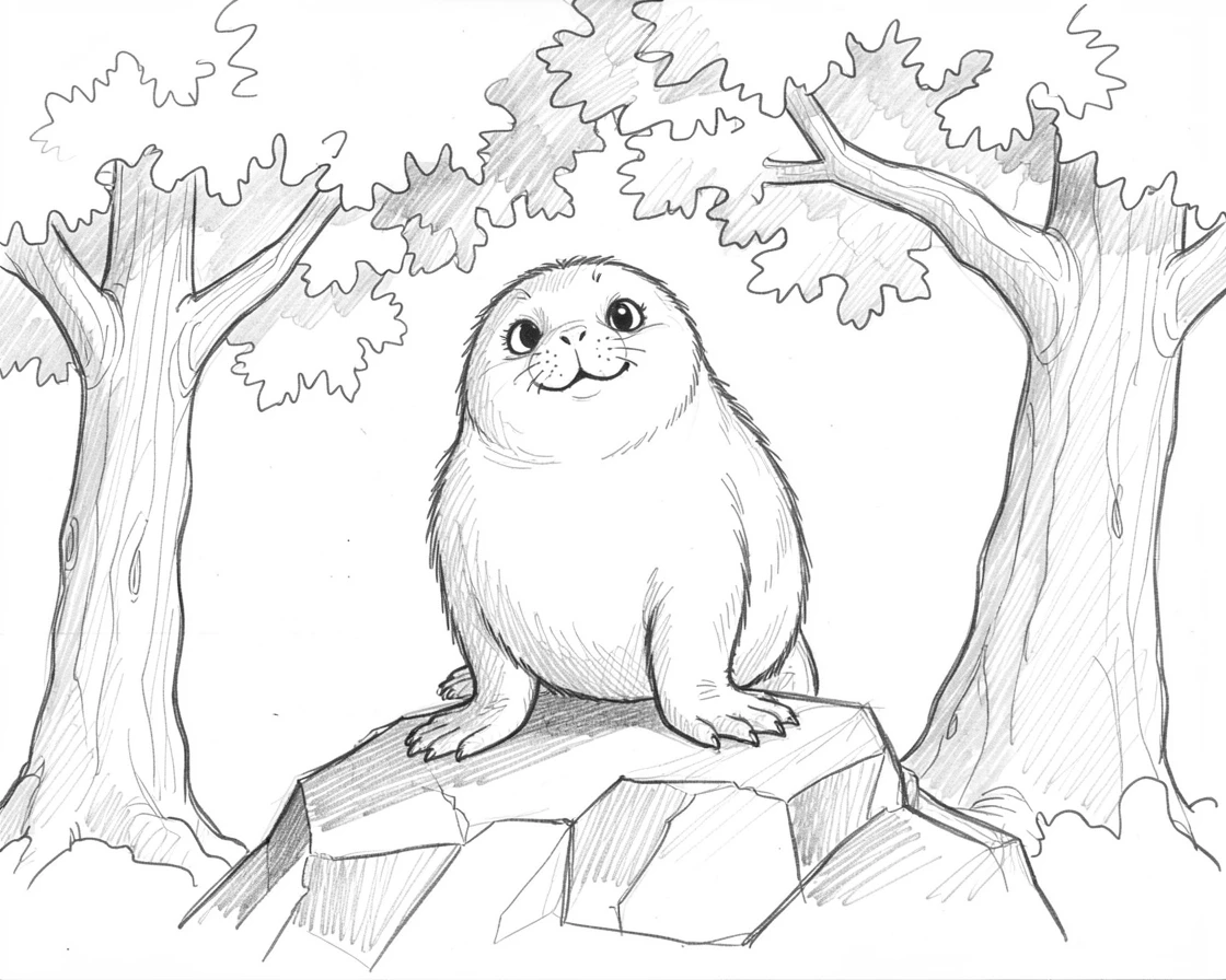 A heartwarming scene of a chubby baby seal standing proudly atop a rocky outcrop, under the dappled shade of oak trees.