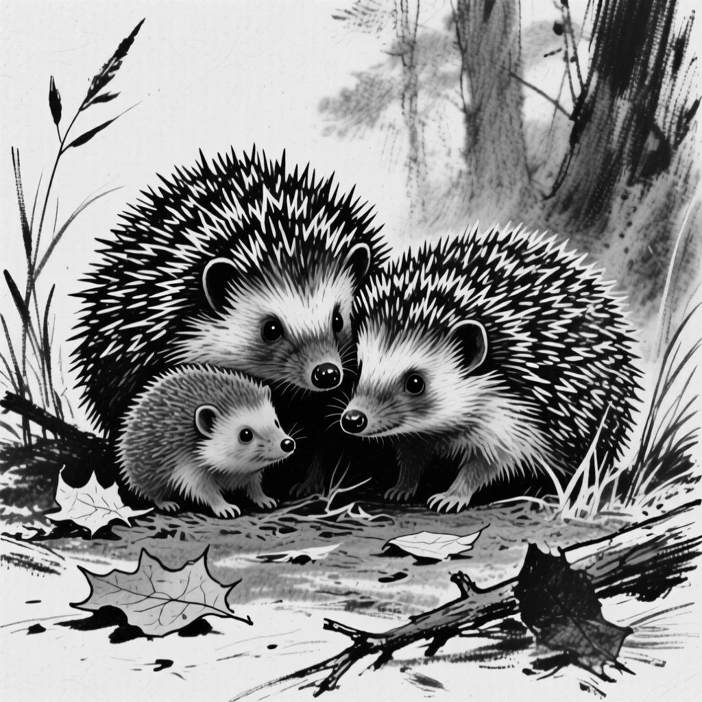 A hedgehog gathered together as a family in their natural habitat.