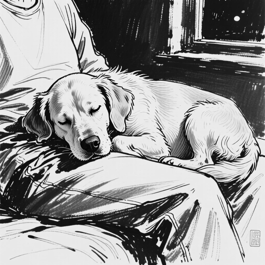 A dog resting its head on its owner's lap during a quiet evening.