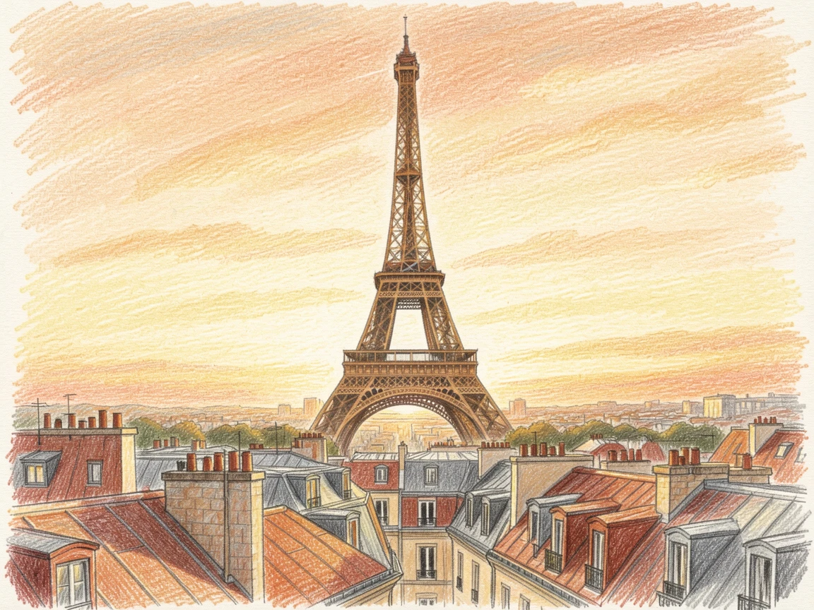 The Eiffel Tower rising above rooftops at golden sunset, with warm light casting long shadows across the scene, evoking wanderlust and the magic of far-off places.