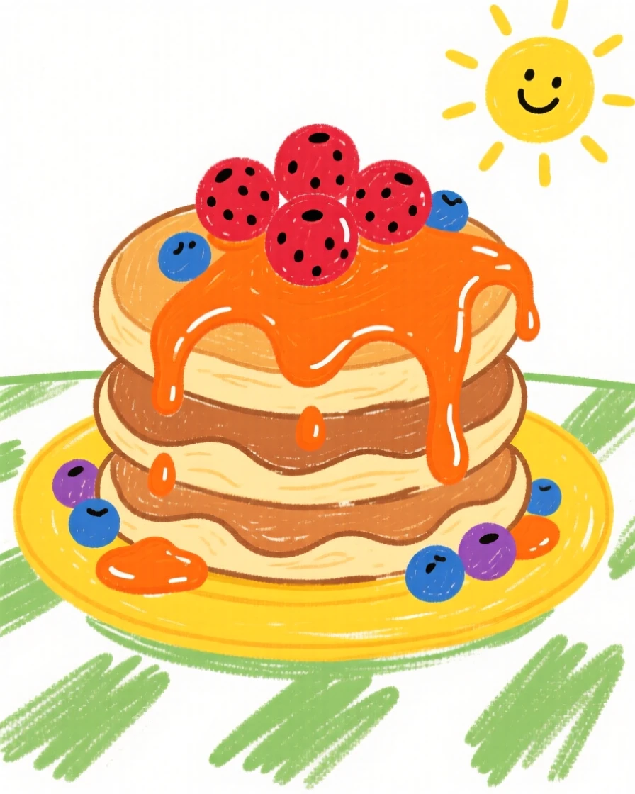 A stack of fluffy pancakes topped with berries and syrup.