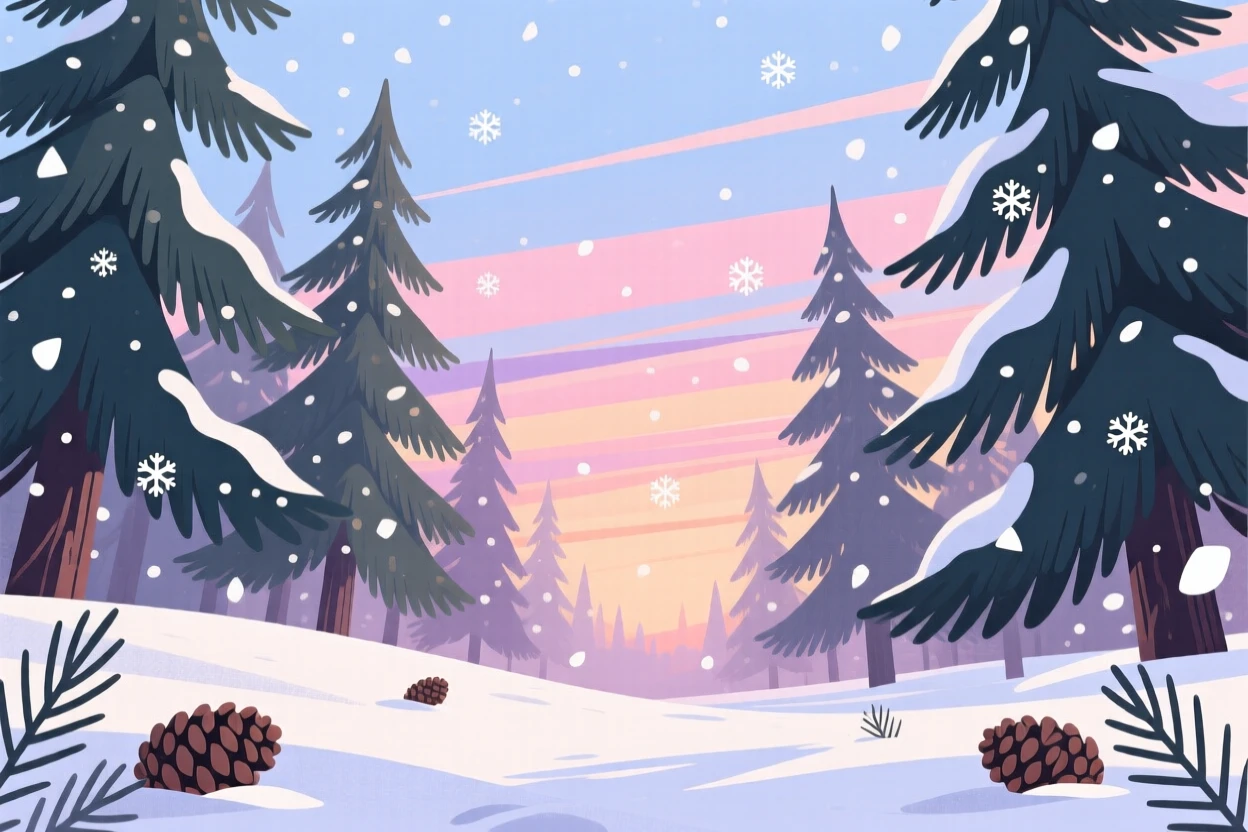 A quiet snowfall settling over a peaceful pine grove, beneath a wide open sky streaked with color, captured from a low vantage point to emphasize scale, with delicate textures visible in every leaf and petal.