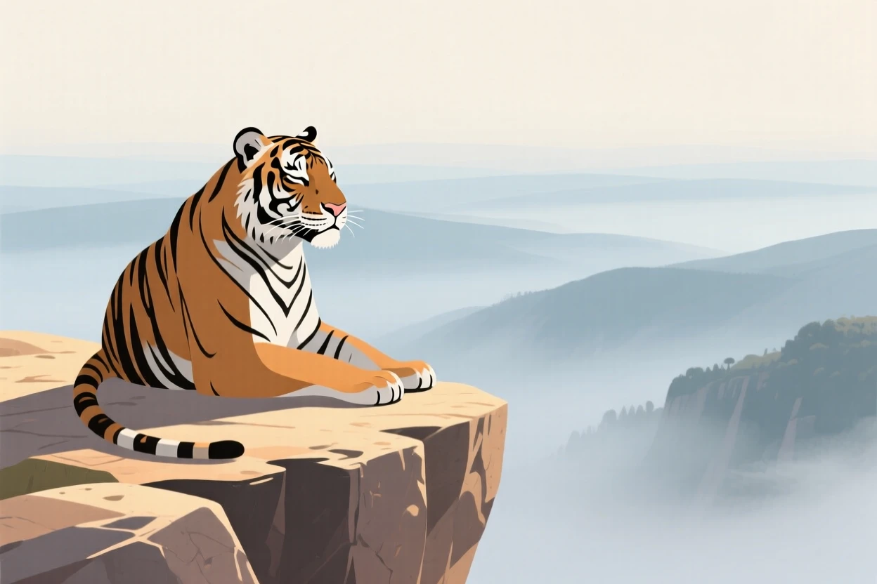 A majestic tiger resting on a sunlit ledge overlooking the misty valley.