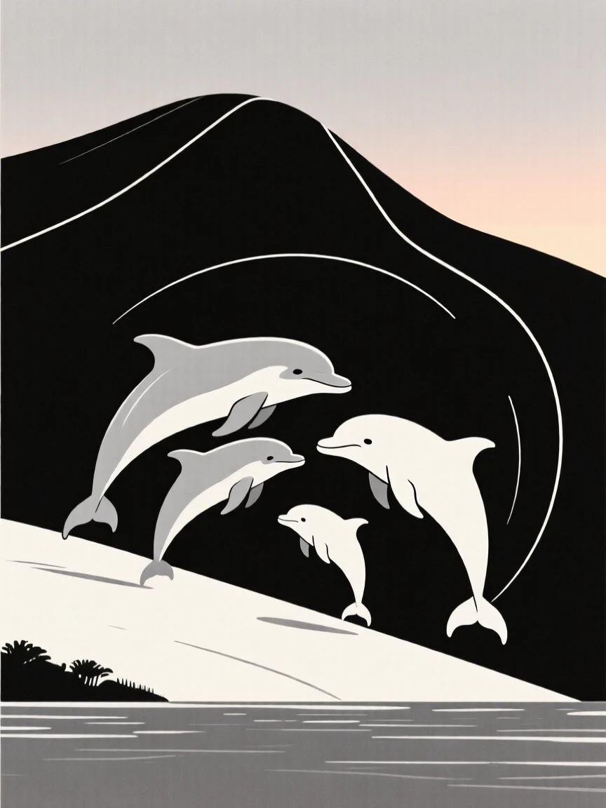 A dolphin pod and its young settling in as the light fades together in a mountain hillside, expressing playful energy.