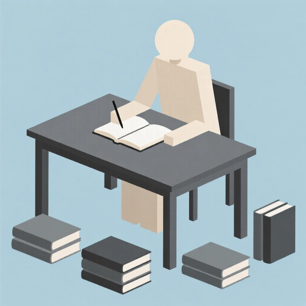 A person writing at a desk surrounded by books
