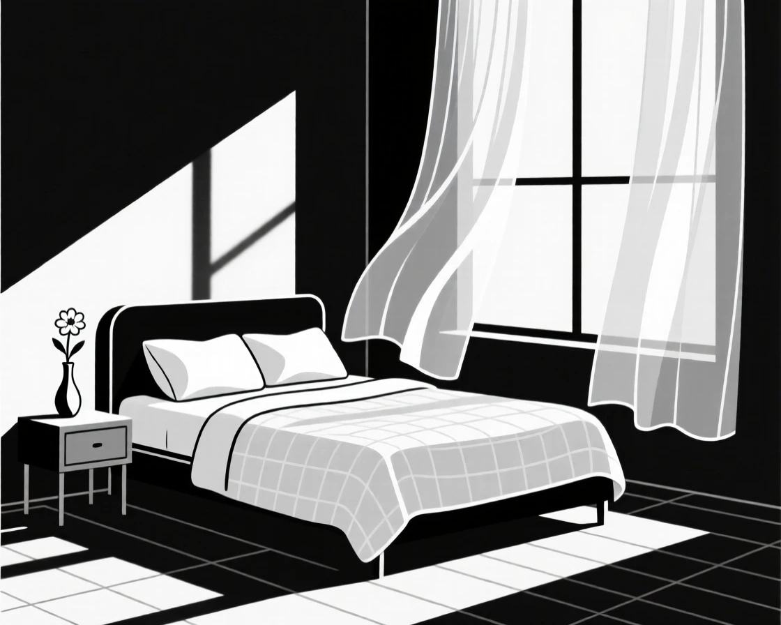 A serene bedroom with soft morning light through sheer curtains.