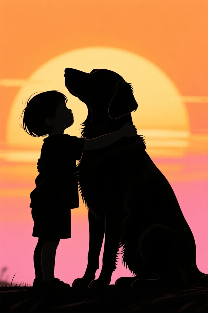 A small child wrapping both arms around the neck of a large, patient dog.