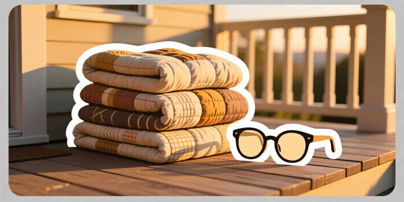 A quietly beautiful stack of folded quilts, tucked beside a pair of reading glasses, on a porch during golden hour.