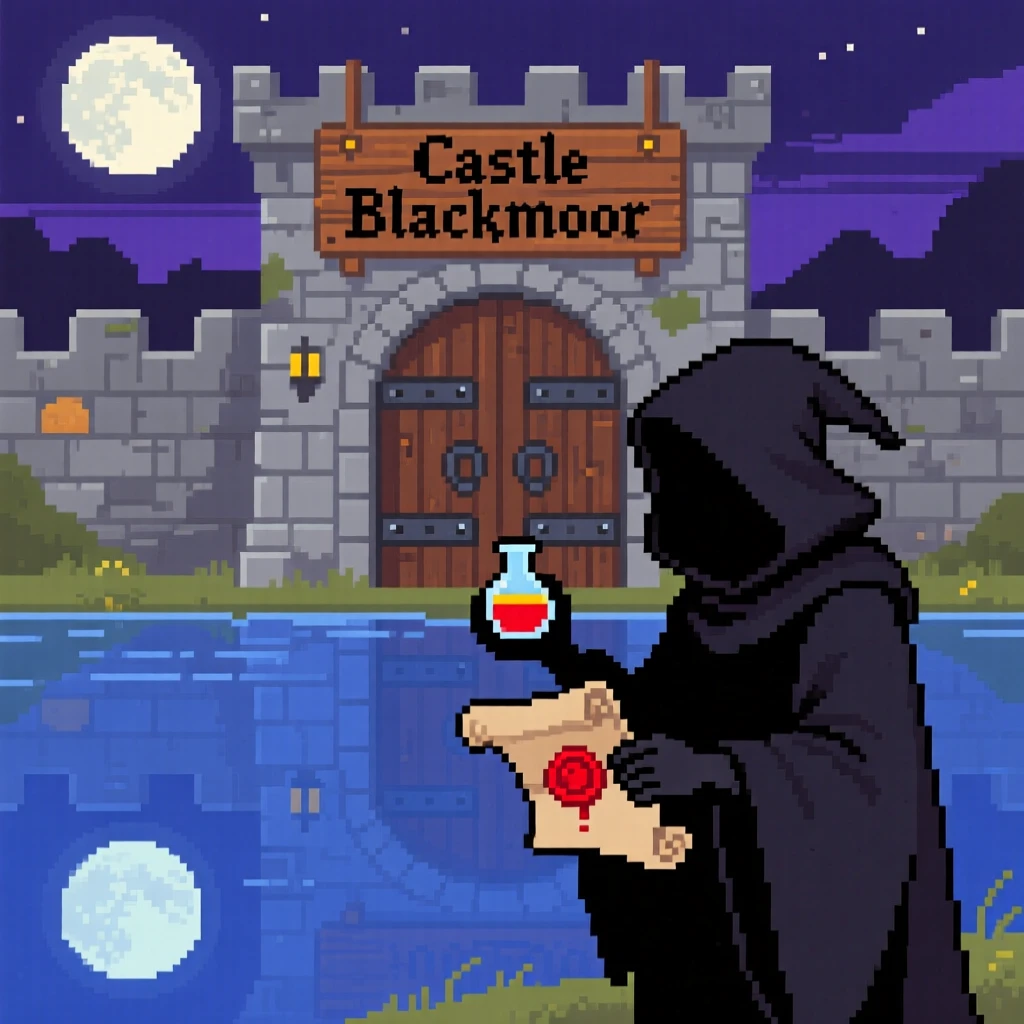 A cloaked alchemist mixing potions delivering a scroll to a castle gate, beside a lake reflecting two moons.
