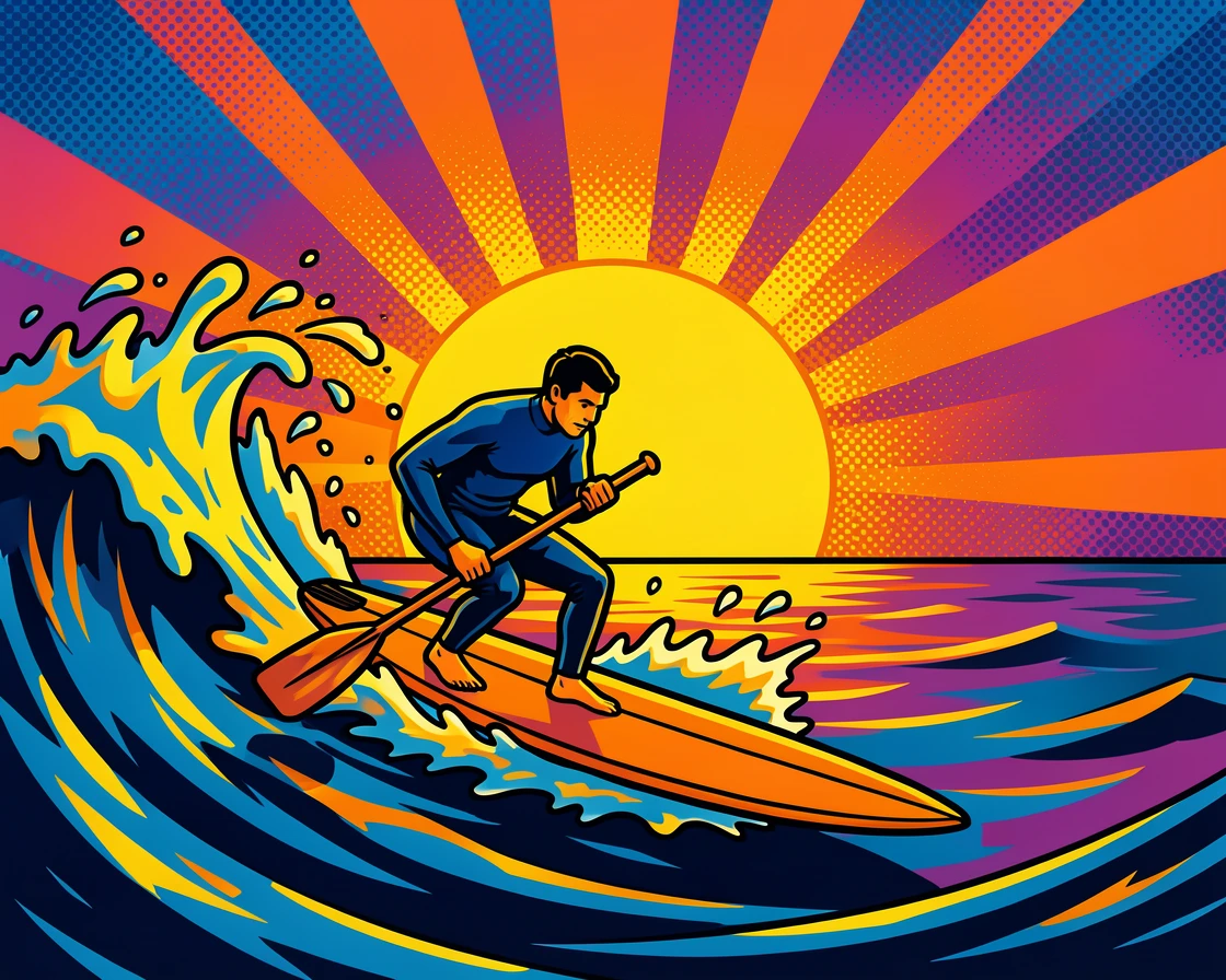 A surfer paddling out toward a lit horizon at dawn